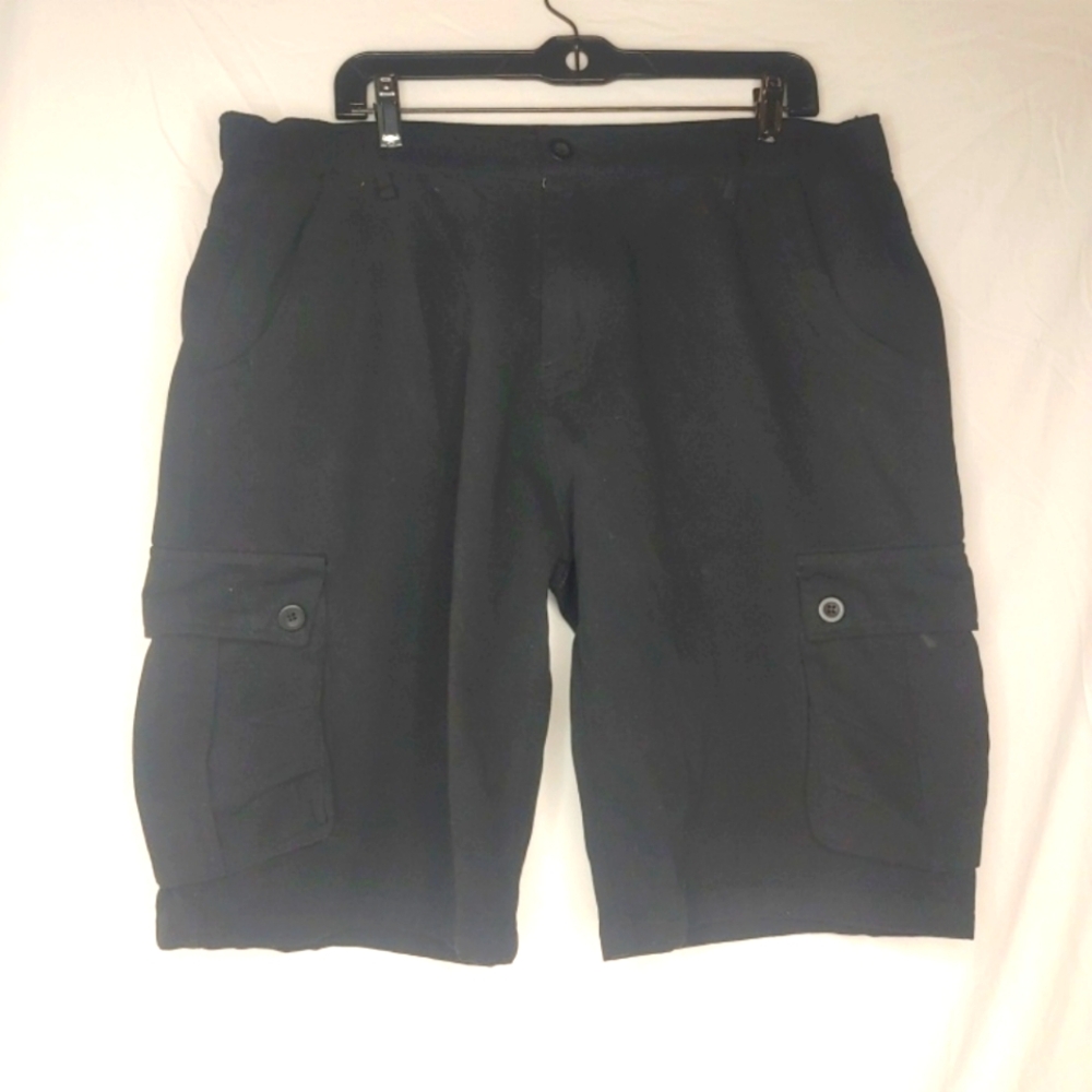 Black Men's Cargo Shorts Size 38‎ Flat Front 6 Pockets Cotton Part Elastic Band